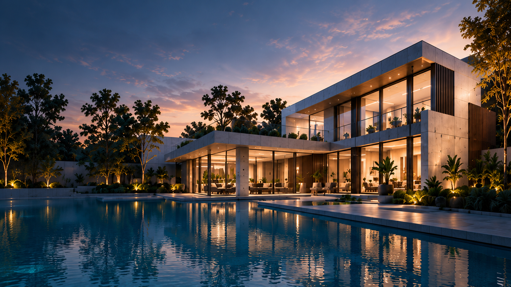 Private Residence exterior at dusk